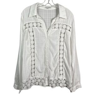 Orchid Haze White Lace Floral Cutout Lightweight Button Down Top Costal XL Beach